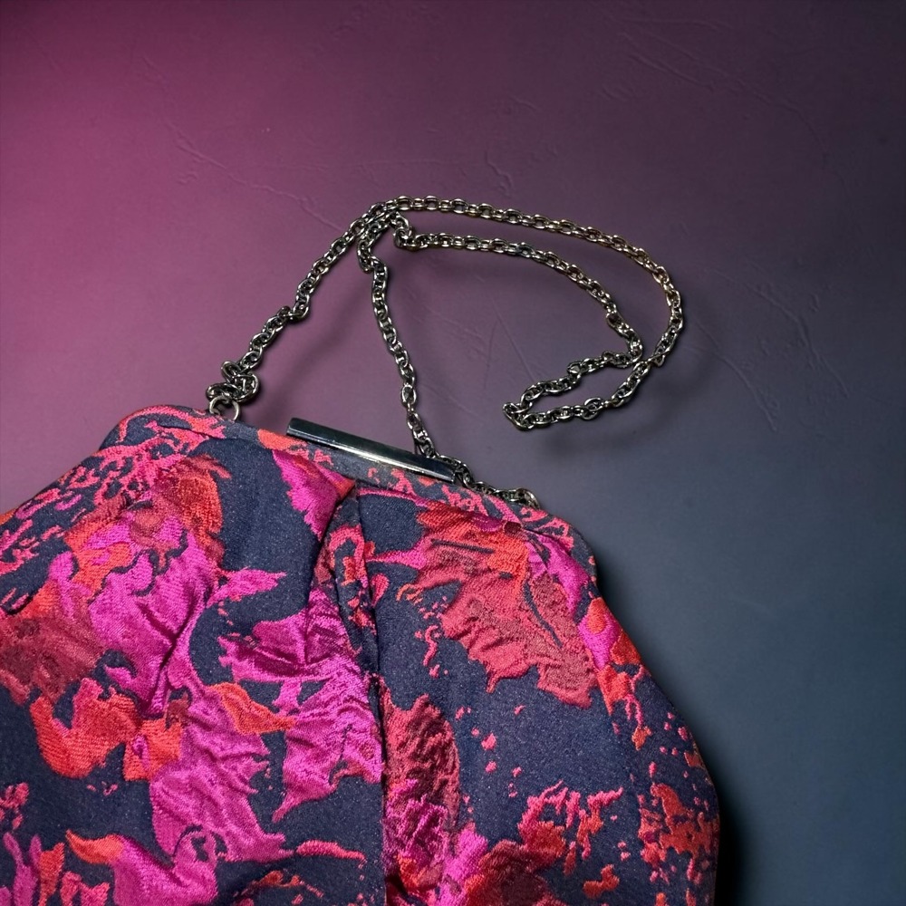 Chicos Pink Red Floral Brocade Evening Clutch Detachable Chain Shoulder Bag
